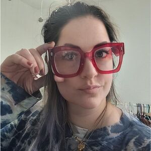 3/$16🎁 Red Wide Plastic Rim Glasses Clear